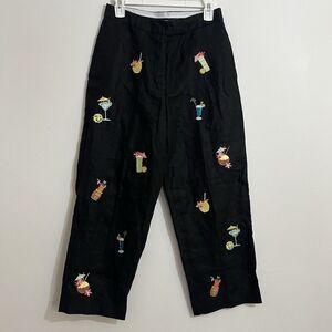 Womens Linen Pants Size 6 Tropical Drink Cocktail Novelty Pants Black Fun Print